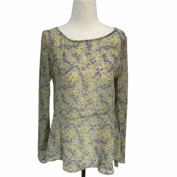 Uniqlo Floral Bell Semi-Sheer Beige long Sleeved🌸 Blouse Size S - Picture 1 of 9